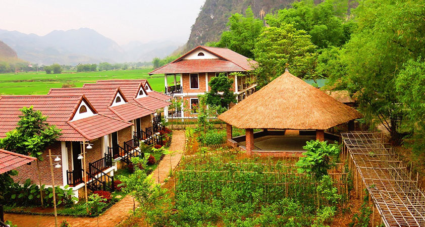 There are a lot of flowers surrounding these houses