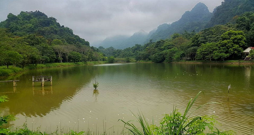 The peaceful scenery among the mountains and forests