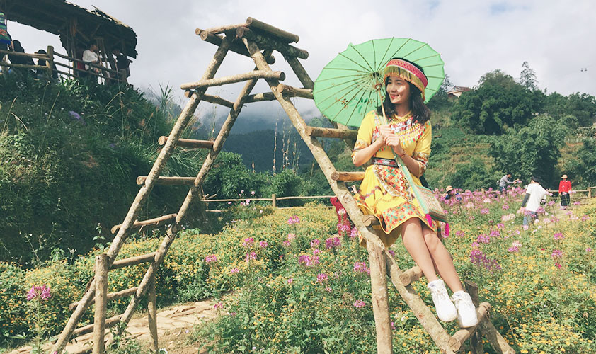 Check-in in local traditional costume when visit Cat Cat village Sapa