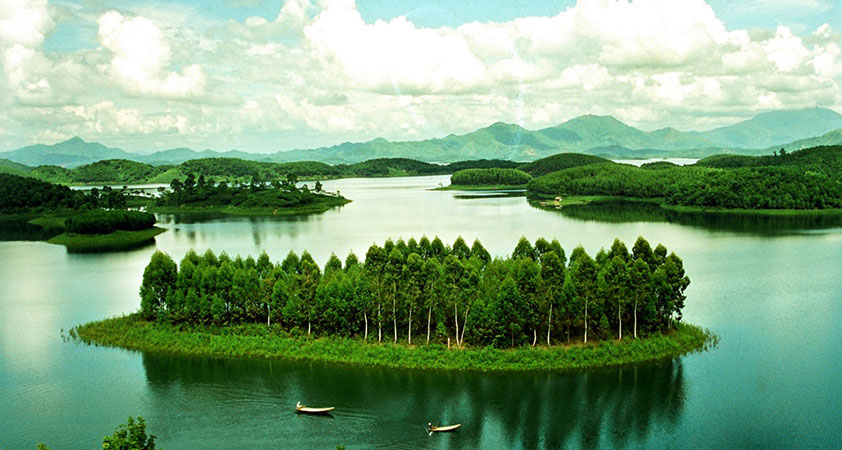 There are a lot of green tree islets on the lake