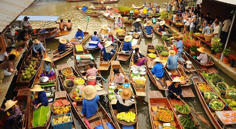 The floating market is a unique feature of Mekong Delta River